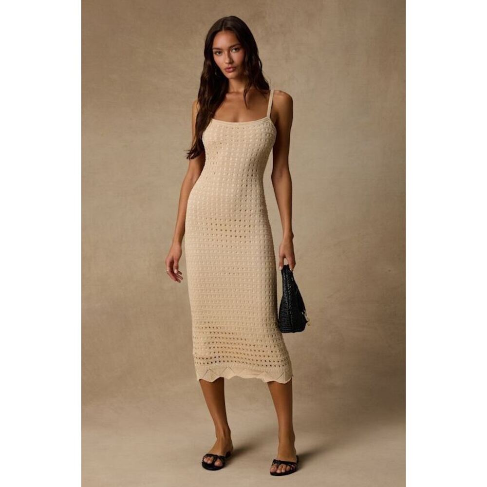 Lulus Ventura Vision Beige Crochet Lace-up Midi Dress - Size S